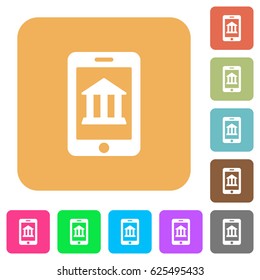 Mobile banking flat icons on rounded square vivid color backgrounds.
