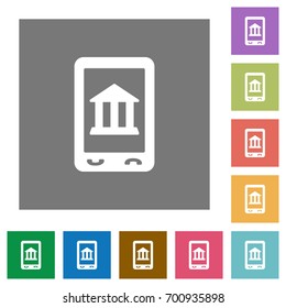 Mobile banking flat icons on simple color square backgrounds