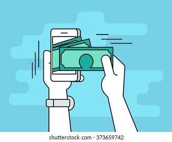 Mobile banking. Flat line contour illustration of human hand  withdraws cash from his smartphone