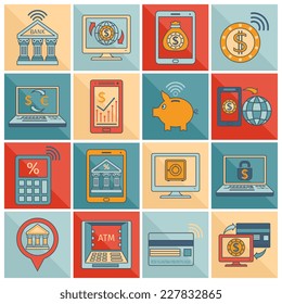 Mobile banking flat line icons set with digital signature online finance services digital transfers isolated vector illustration