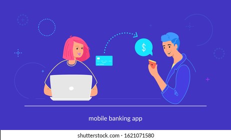 Mobile banking flat vector illustration of young woman sitting with laptop and sending money from credit card to her friend on mobile electronic wallet. Happy smiling teenagers with financial symbols