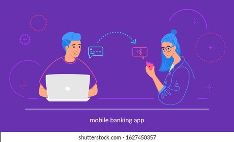 Mobile banking flat vector illustration of young man sitting with laptop and sending money from credit card to his friend on mobile electronic wallet. Happy smiling teenagers with financial symbols