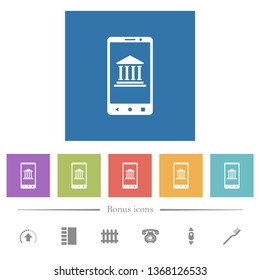 Mobile banking flat white icons in square backgrounds. 6 bonus icons included.