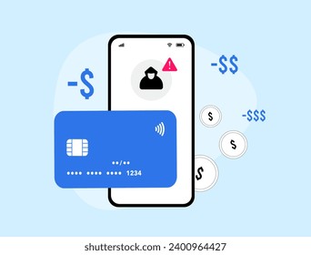 Mobile Banking Fraud. Fintechs app and Neobanks Fraud concept. Phishing and social engineering, identity theft, data breaches, weaknesses in security system. Banking Fraud isolated vector illustration