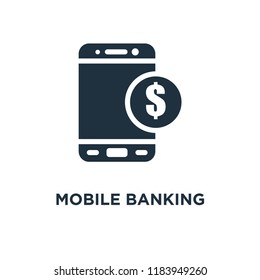 Mobile banking icon. Black filled vector illustration. Mobile banking symbol on white background. Can be used in web and mobile.
