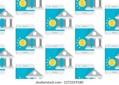 Mobile banking icon in flat style isolated on white background.  Seamless pattern stock vector illustration