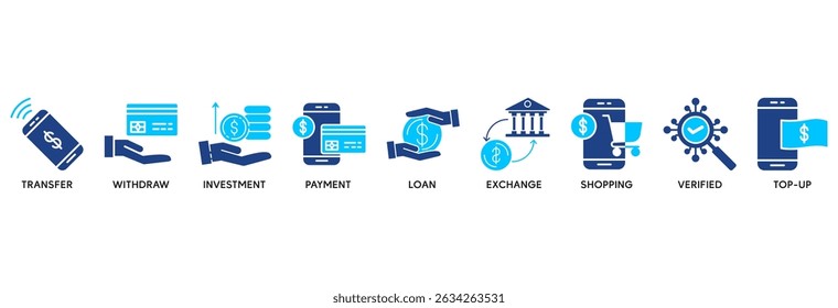 Mobile banking icon set vector illustration concept relate to transfer, withdraw, investment, payment, loan, exchange, shopping, verified and top-up�