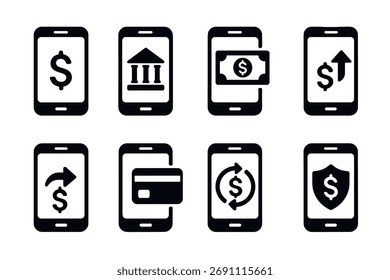 Conjunto de ícones de banco móvel. Símbolos pretos vetoriais de ilustrações de glifo financeiro e de pagamento