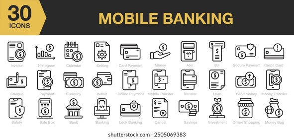 Mobile Banking icon sets. Includes invoice, histogram, calendar, setting, card payment, cheque, and More. Outline icons vector collection.