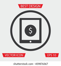 Mobile Banking Icon - Vector illustration of mobile banking icon in circle, on gray background. Dollar Icon. Tablet Icon. Mobile Icon. Finance Icon.