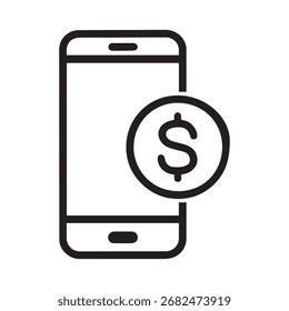 Mobile Banking Icon Vector – Minimalist Black and White Line Art with Dollar Coin