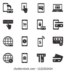 Mobile Banking Icons. Black Scribble Design. Vector Illustration.