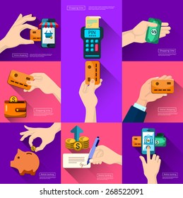 Mobile banking. Icons shop online, business icons in flat design. App icons, web ideas business connection and relations. Handshake, banking and e-business,  iPhone illustration. piggy 