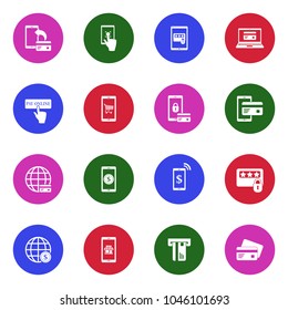 Mobile Banking Icons. White Flat Design In Circle. Vector Illustration. 
