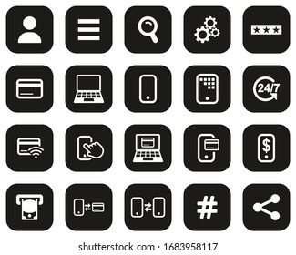 Mobile Banking Icons White On Black Flat Design Set Big