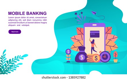 Mobile banking illustration concept with character. Template for, banner, presentation, social media, poster, advertising, promotion