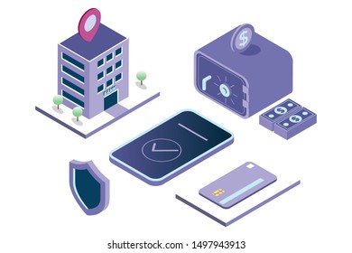 mobile banking illustration, money saving in safe deposit box, money transfer in mobile apps in isometric illustration style