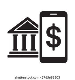 Mobile banking illustration shows a smartphone with a bank and dollar sign