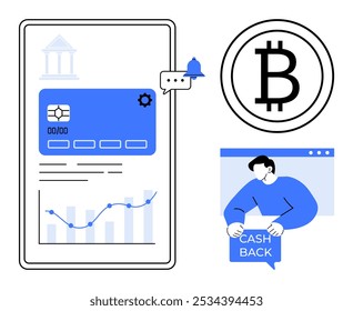 Interface bancária móvel com gráfico, cartão de crédito e ícone de notificação. Símbolo Bitcoin ao lado da pessoa que recebe cashback. Ideal para fintech, pagamentos digitais, criptomoeda, transações on-line