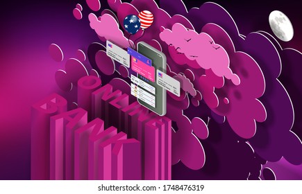 Mobile Banking-Schnittstelle auf dem Handy-Bildschirm in violetten Wolken. Vektorbanner