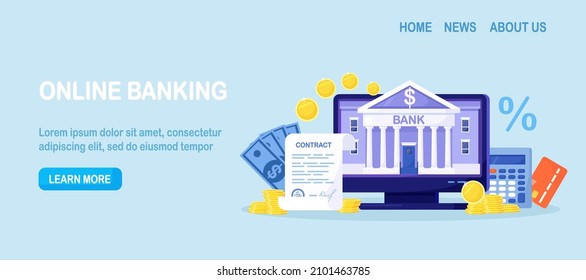 Mobile banking and internet payment. Online bank agreement. Loan contract. Financial building on computer screen. Banking Operation. Financial transactions, payments, money transfers and bank account