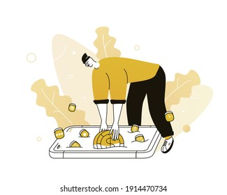 Mobile Banking or Investment. Vector illustration with Web communication idea for telework, remote working, social media, business, finance, investment and making money
