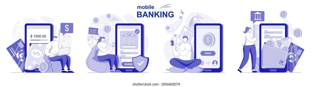 Mobile banking isolated set in flat design. People make financial transactions using application, collection of scenes. Vector illustration for blogging, website, mobile app, promotional materials.