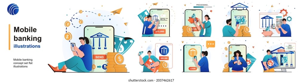 Mobile banking isolated set. Payments for services using mobile application. People collection of scenes in flat design. Vector illustration for blogging, website, mobile app, promotional materials.