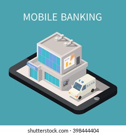 Mobile banking isometric building on smartphone. Flat vector illustration