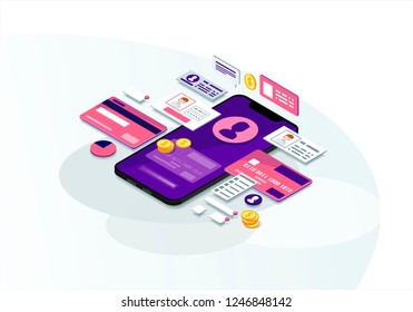 Mobile Banking Isometric Color Vector Illustration. E-payment. Online Bank Transactions. Payment System User Account. Electronic Bills Infographic. Financial Management. Webpage, Mobile App 3d Concept