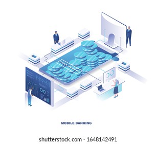 Mobile banking isometric landing page. Concept of electronic service for money transfer, financial transaction with tiny people working around giant smartphone full of coins. Vector illustration.