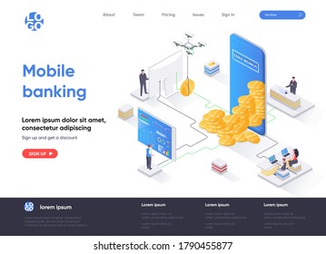 Mobile Banking isometrische Landing-Seite. Mobile Anwendung für Finanzmanagement, Online-Zahlung und Rechnungslegung Isometrie-Webseite. Website flache Vorlage, Vektorgrafik mit Menschen Zeichen.