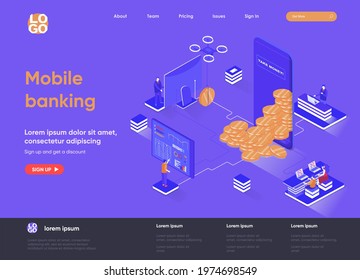 Mobile banking isometric landing page. Mobile application for financial management, online payment and accounting isometry web page. Website flat template, vector illustration with people characters.