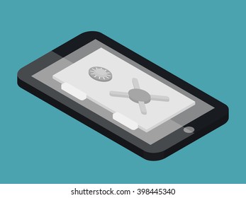 Mobile banking isometric safe on smartphone. Security concept. Flat vector illustration