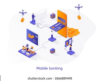 Mobile banking isometric web banner. Digital wallet, fintech mobile application isometry concept. Money transactions and payments 3d scene, smart finance app design. Vector illustration with people.