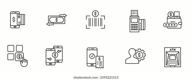  Mobile Banking Item line Icon Set . Financial services, business , credit, debit, transfer, money icon, mobile payment . Vector Illustration