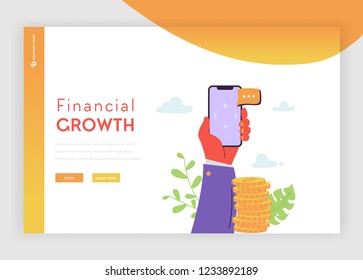 Modelo De Página Inicial Do Mobile Banking. Conceito de pagamento online com mão segurando Smartphone e transferindo dinheiro para página da Web e site móvel. Ilustração vetorial