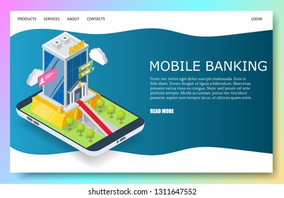 Mobile banking landing page template for website and mobile site development. Vector isometric smartphone with bank app. Online bank services web page concept.