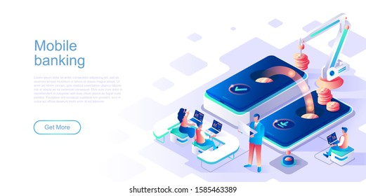 Mobile banking landing page vector template. Online smartphone payment website header UI layout with isometric illustration. Digital currency transaction web banner isometry concept