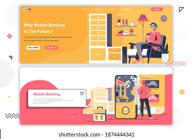 Mobile Banking-Landingpages Set. Geld-Transaktion, Management und Zahlung Corporate Website. Flache Vektorgrafik mit Menschen-Zeichen. Webkonzept als Header, Fußzeile oder mittleren Inhalt verwenden.