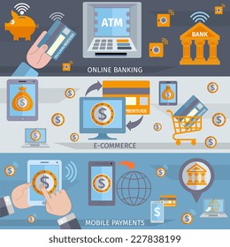 Mobile banking line banners set with e-commerce online payments elements isolated vector illustration