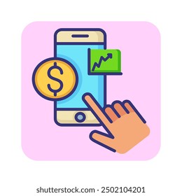Icono de línea de banca móvil. Smartphone, mano, gráfico, moneda de dólar. Concepto de App móvil. Puede ser utilizado para temas como pago, gestión financiera, banca, tecnología inalámbrica