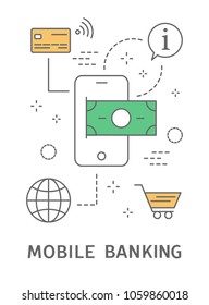 Mobile banking line illustration with money and internet.
