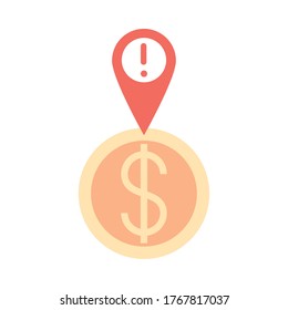 banca móvil, ubicación, pin de navegación, dinero, ilustración vectorial, icono de estilo plano