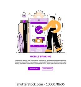 Mobile Banking. Man pays a purchase. Website banner