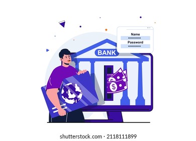 Mobile Banking modernes Flachkonzept für Web-Banner Design. Ein Kunde, der Kreditkarte verwendet, Finanztransaktionen durchführt und Online-Überweisungen sichert. Vektorgrafik mit Szene isolierter Menschen