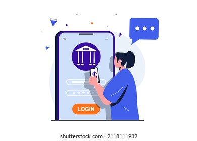 Banca móvil concepto plano moderno para diseño de banners web. La mujer ingresa su nombre de usuario y contraseña para tener acceso seguro a su cuenta financiera personal en aplicación. Ilustración vectorial con la escena de personas aisladas