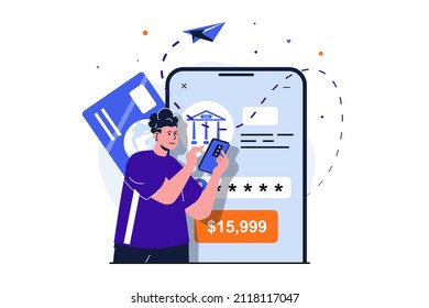 Mobile banking modern flat concept for web banner design. Man client sends money and confirms secure transaction with secret password using smartphone. Vector illustration with isolated people scene