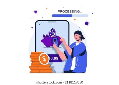 Mobile banking modern flat concept for web banner design. Woman looks at information her personal bank account, saves money and uses financial tools. Vector illustration with isolated people scene
