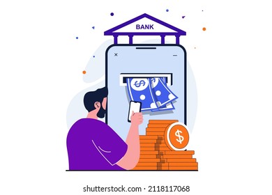 Mobile banking modern flat concept for web banner design. Man pays bills with cash and checks transfer using app. financial transactions management. Vector illustration with isolated people scene